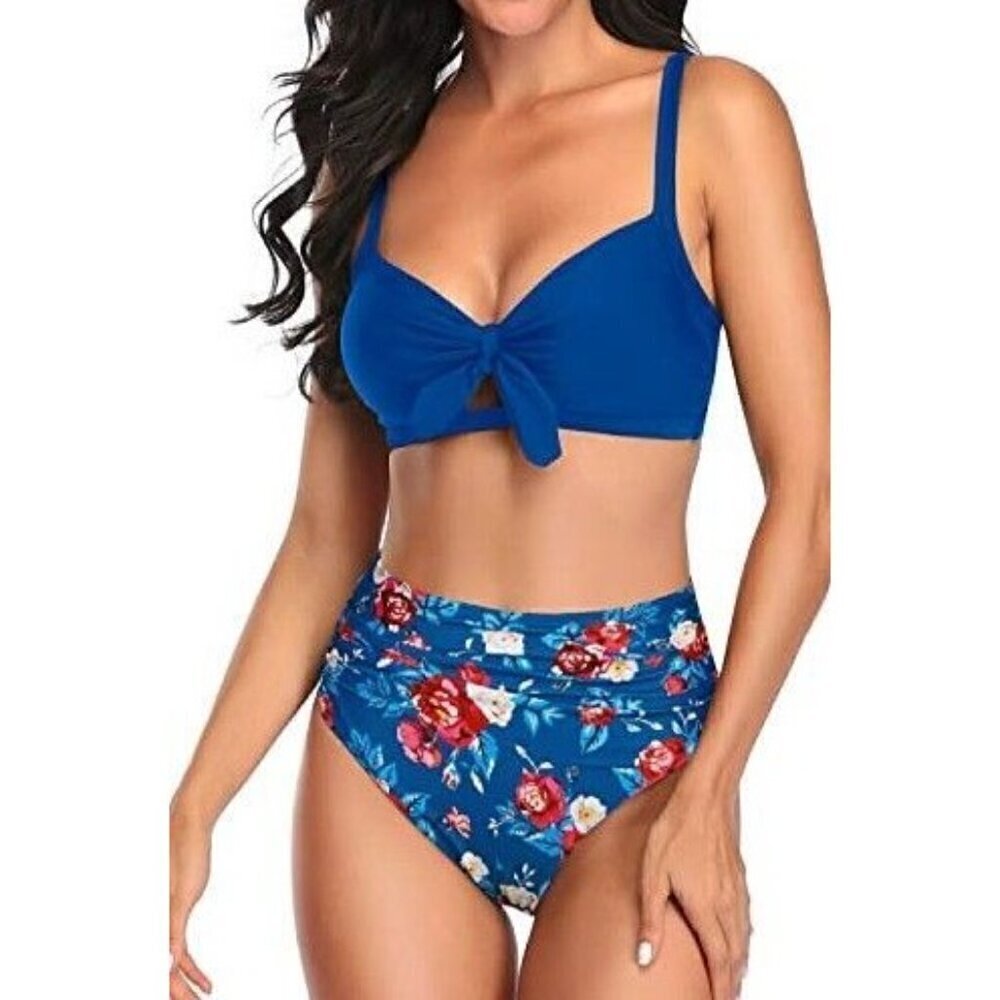High Waisted Tummy Control Two Piece Bathing Suit Bikini-Blue Floral Small